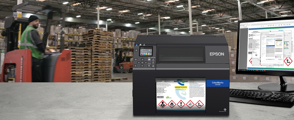 Epson Colorworks printer printing a GHS label in a warehouse