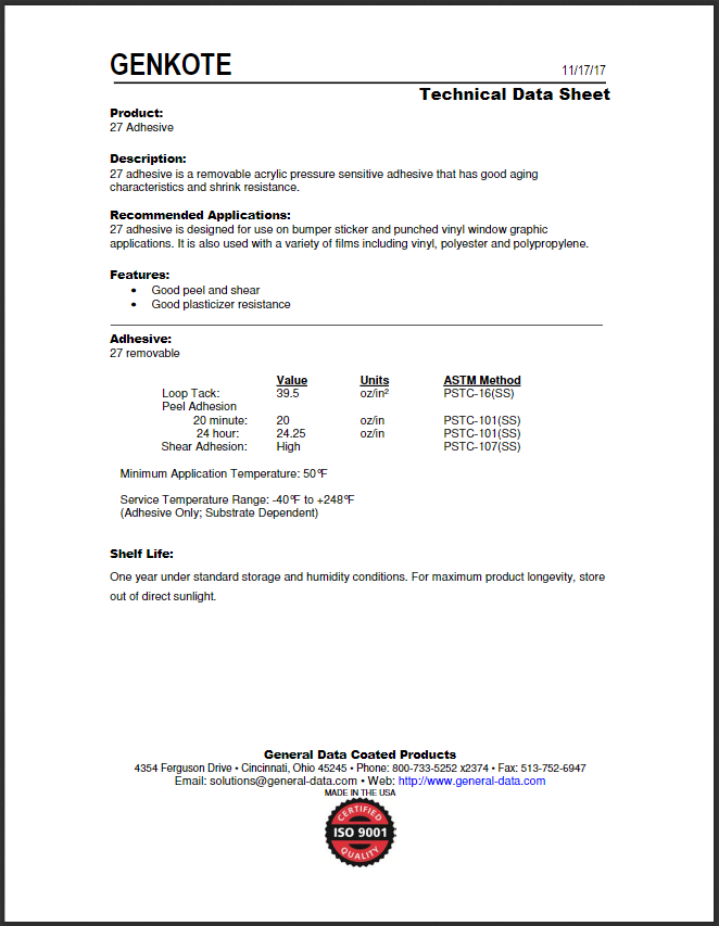 27 Adhesive Technical Data Sheet General Data Company, Inc.