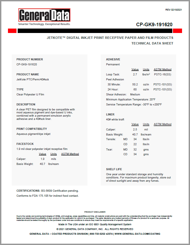 Jet-Kote CP-GK9-191620 Technical Data Sheet