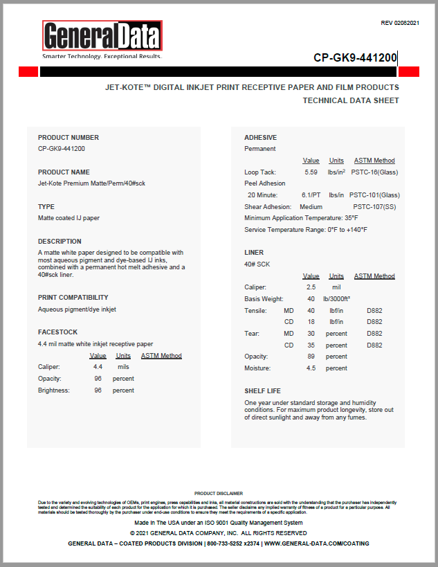 Jet-Kote CP-GK9-441200 Technical Data Sheet