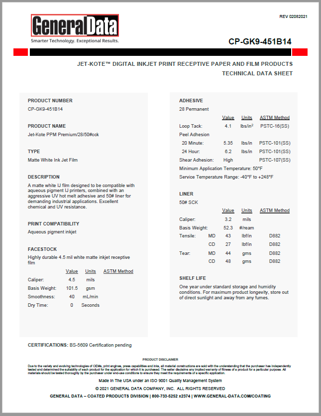 Jet-Kote CP-GK9-451B14 Technical Data Sheet