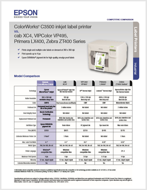 Epson ColorWorks C3500 Competitive Comparison | Data