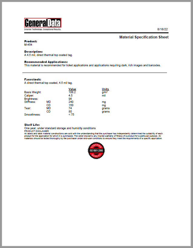 M-454 Material Specification Sheet