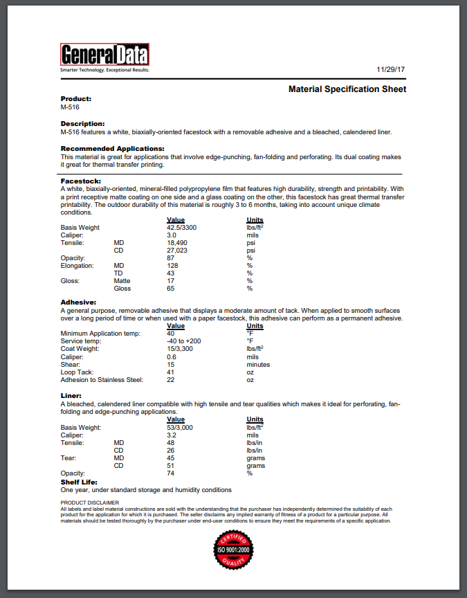 M516 Material Spec Sheet