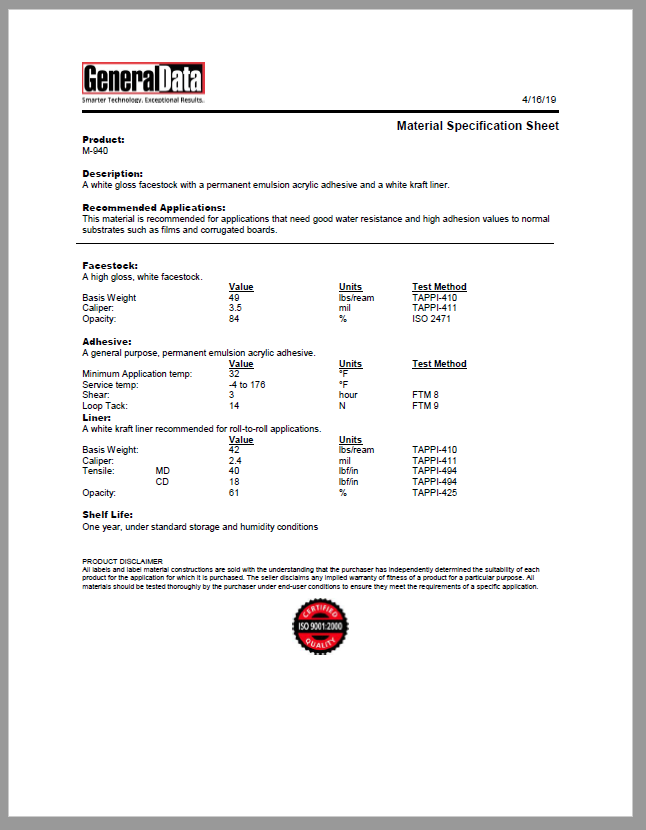 M-940 Material Specification Sheet