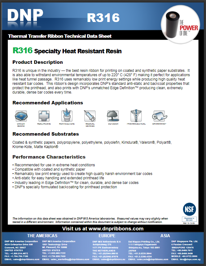 R316 Specification Sheet | General Data