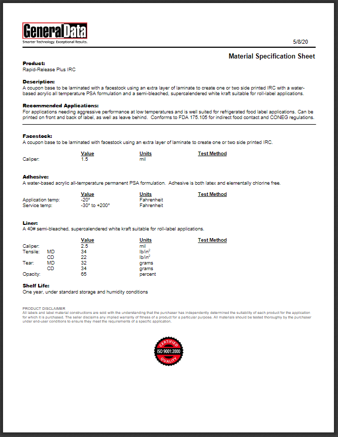 Rapid Release Plus Material Spec Sheet | General Data