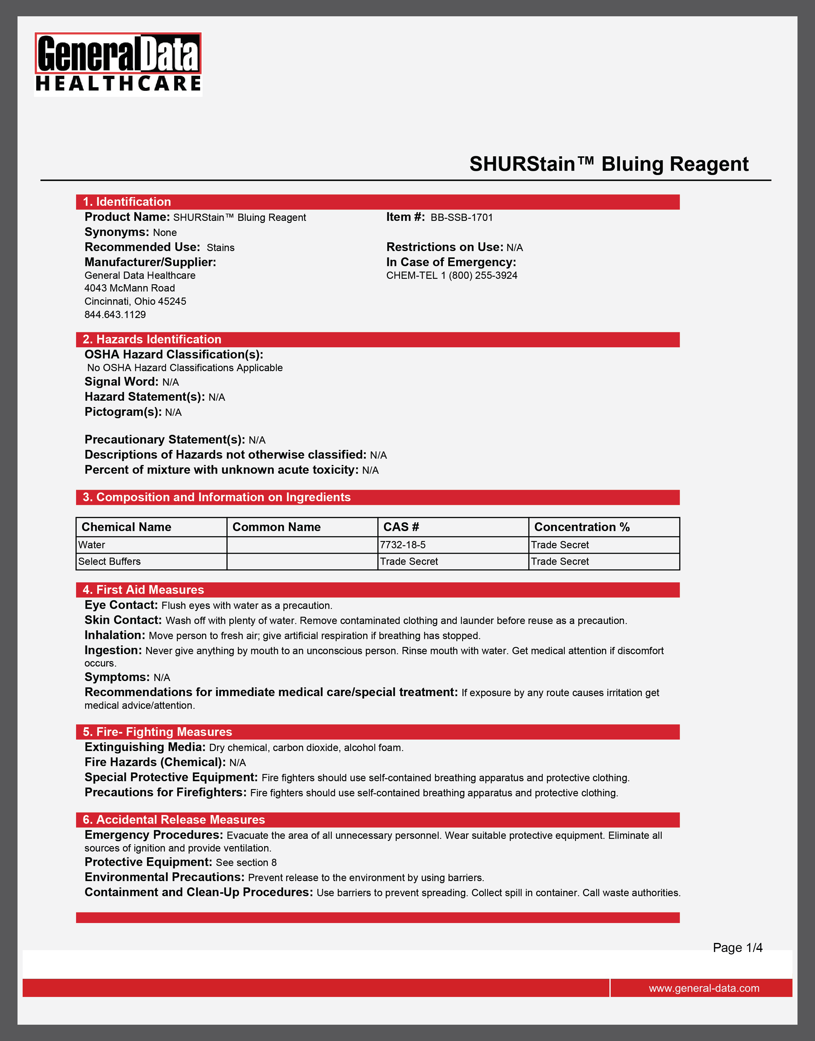 SHURStain Bluing Reagent Safety Data Sheet General Data