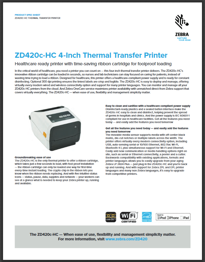 Zebra ZD420-HC Thermal Transfer Printer Product Brochure | General Data
