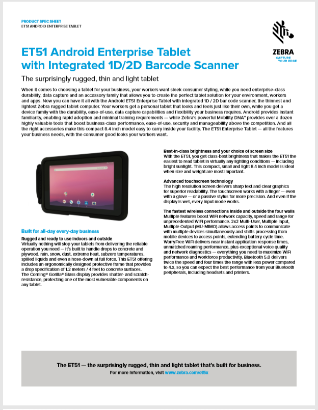 Zebra ET51 Product Brochure General Data