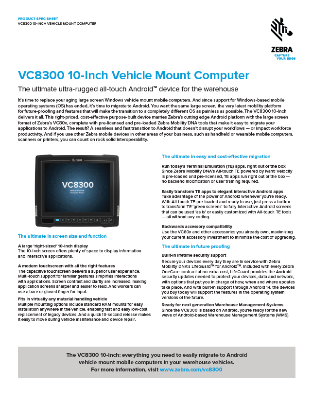 Zebra VC8300 10-Inch Vehicle Mount Computer Product Brochure