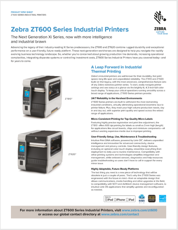 Zebra ZT610 Product Brochure General Data