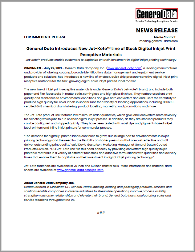 General Data Introduces New Jet-Kote™ Line of Stock Digital Inkjet Print Receptive Materials General Data Introduces New Jet-Kote™ Line of Stock Digital Inkjet Print Receptive Materials