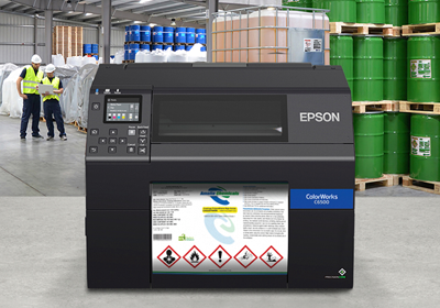 Epson ColorWorks printer printing GHS chemical drum label