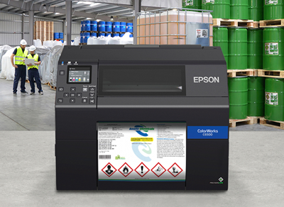 Epson ColorWorks printer printing GHS chemical drum label