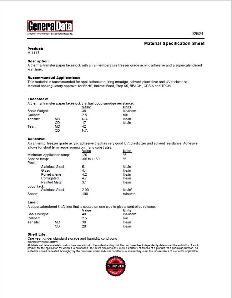 M-1117 Material Specification Sheet