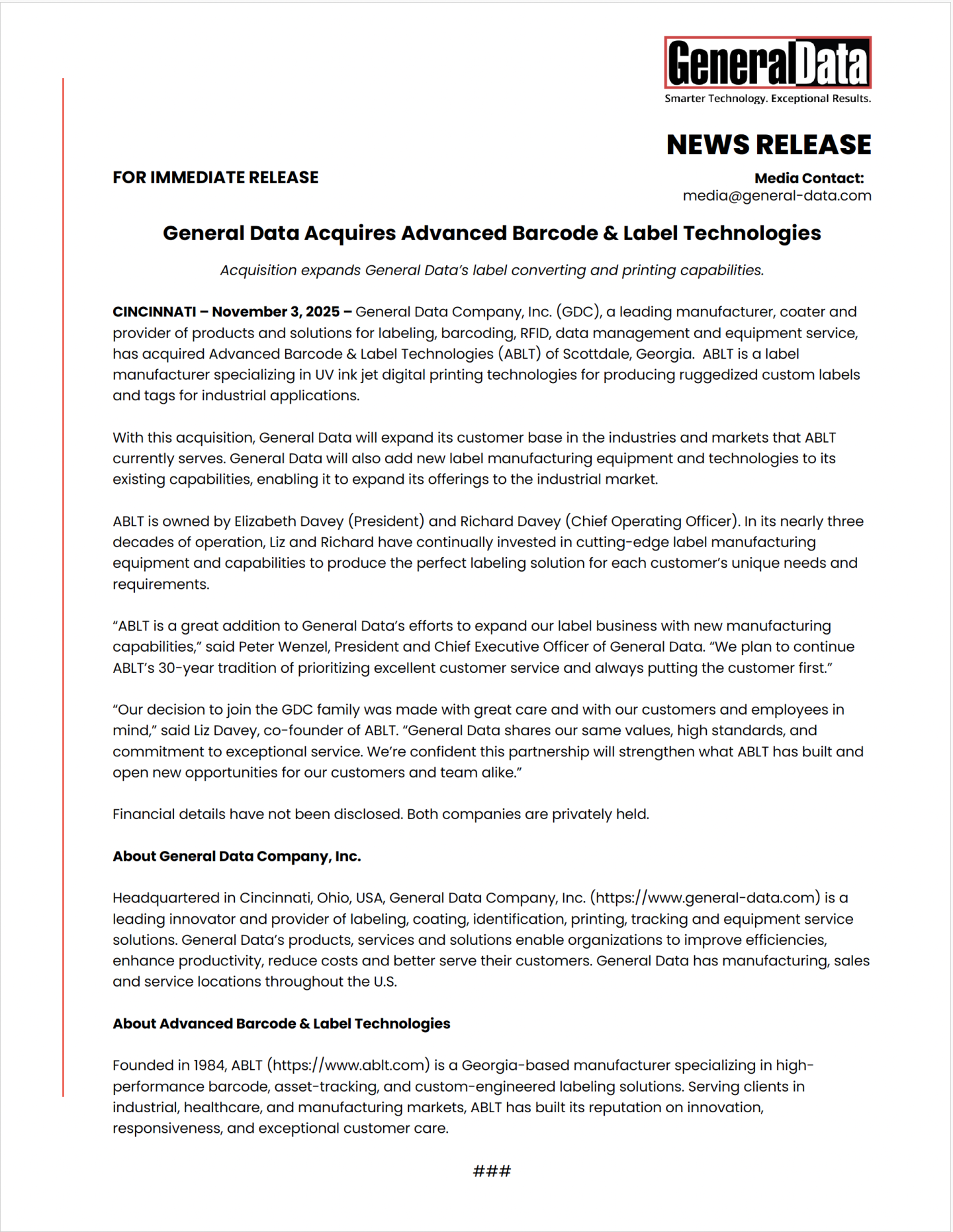 General Data Acquires Advanced Barcode & Label Technologies - Press Release