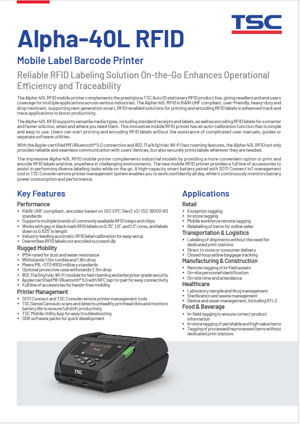 TSC Alpha 40L Mobile RFID Printer Product Brochure