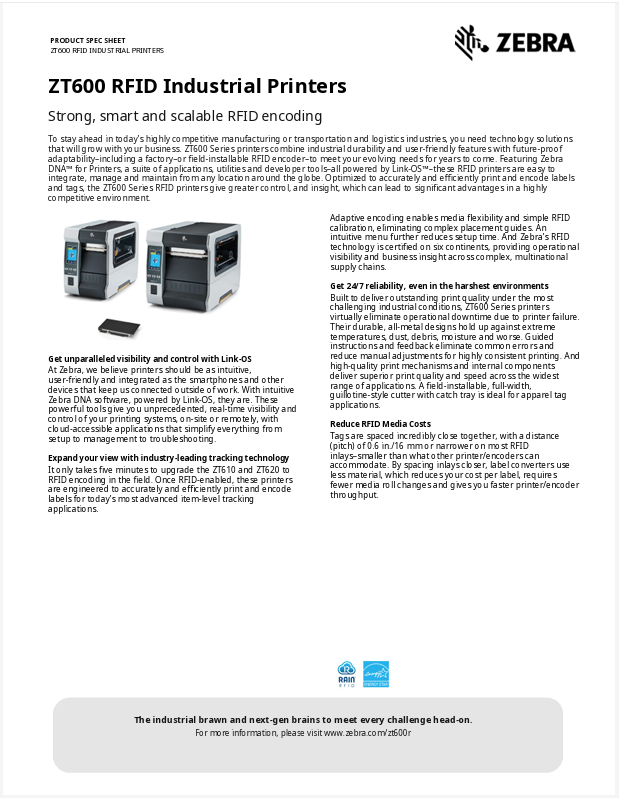 Zebra ZT600 RFID Industrial Printer