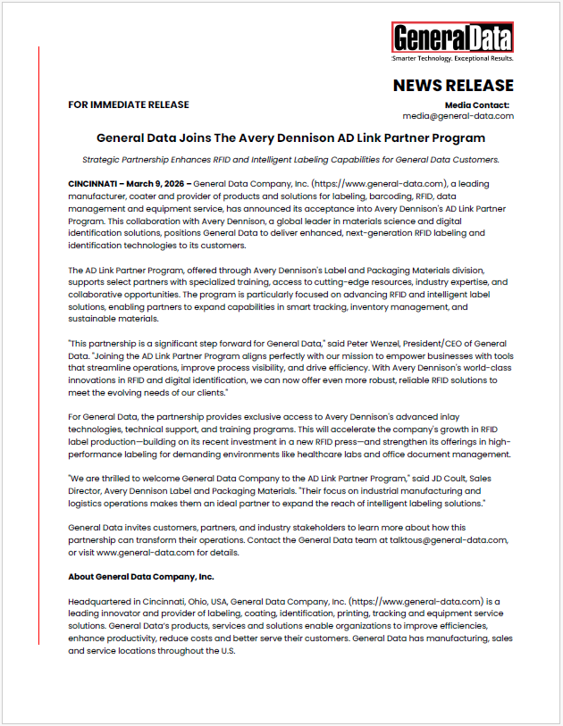 General Data Joins The Avery Dennison AD Link Partner Program