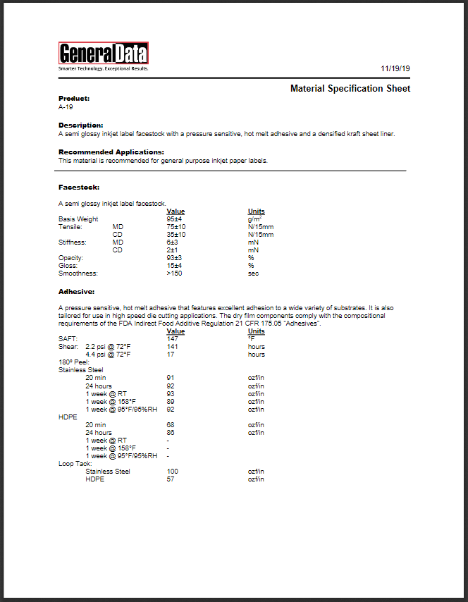 A-19 Material Specification Sheet