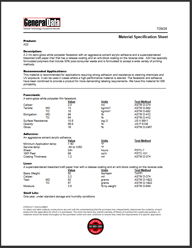 A22 Specification Sheet