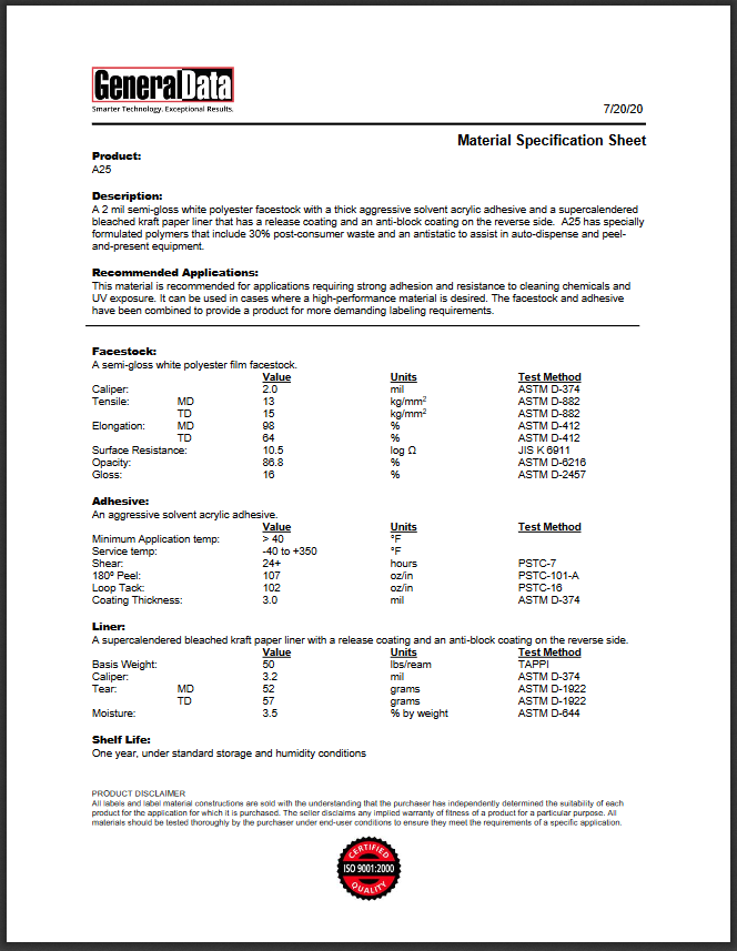 A25 Specification Sheet