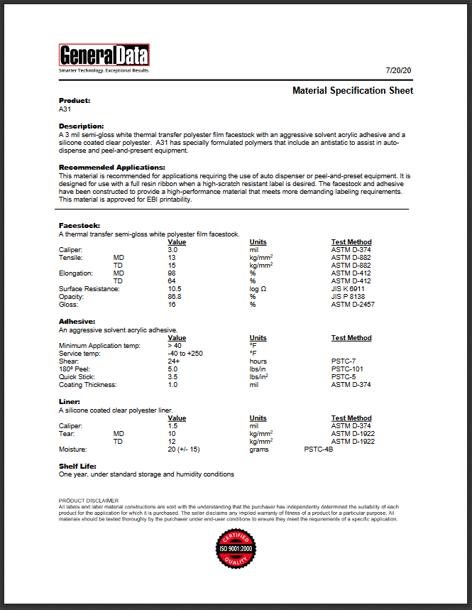 A31 Specification Sheet