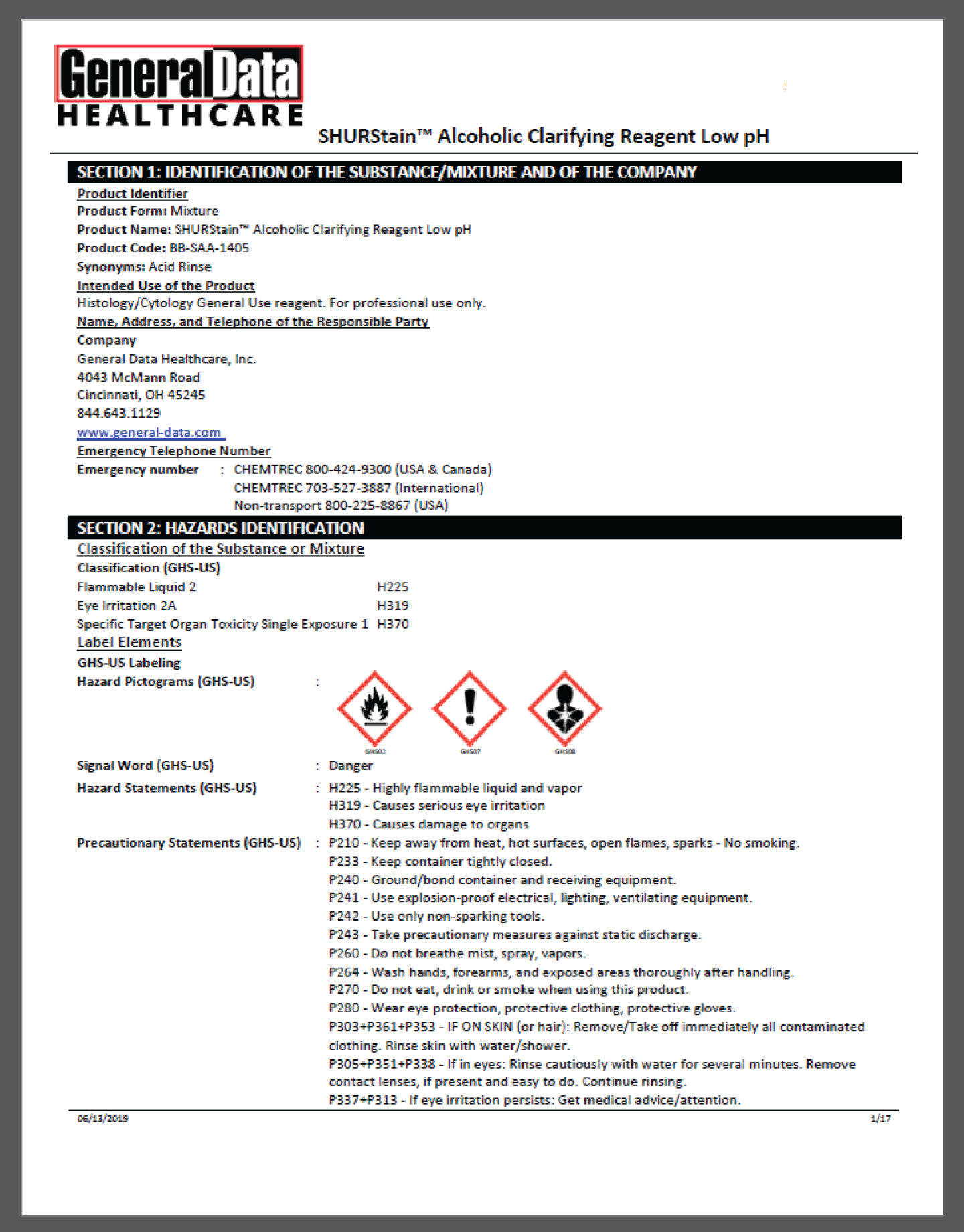 SHURStain Alcoholic Clarifying Reagent Low pH Safety Data Sheet