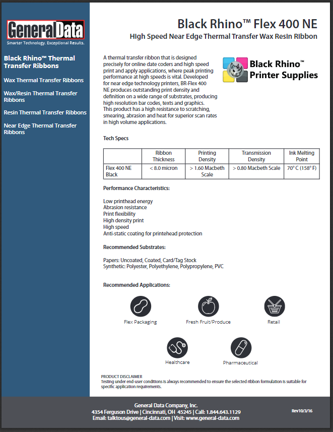 BR-FLEX 400 NE Thermal Transfer Ribbons Product Brochure