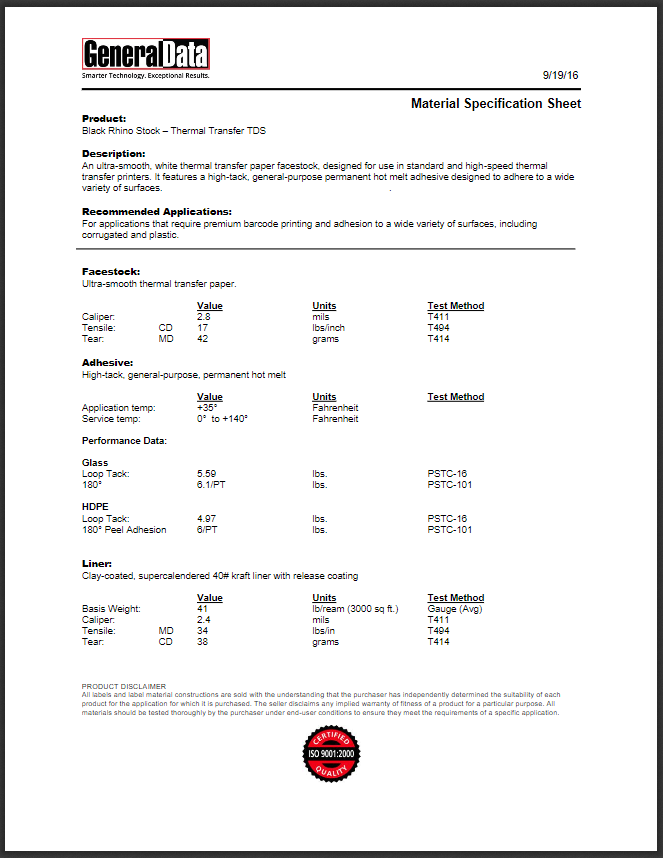 Black Rhino Stock- Thermal Transfer Material Specification Sheet 