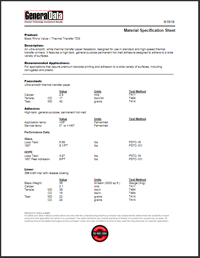 Black Rhino Value- Thermal Transfer Material Specification Sheet 