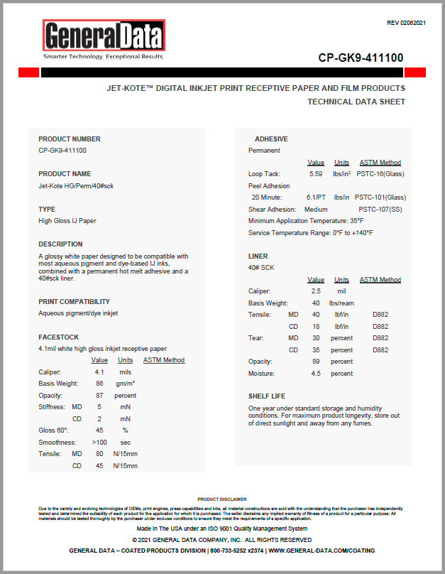 Jet-Kote CP-GK9-411100 Techncial Data Sheet