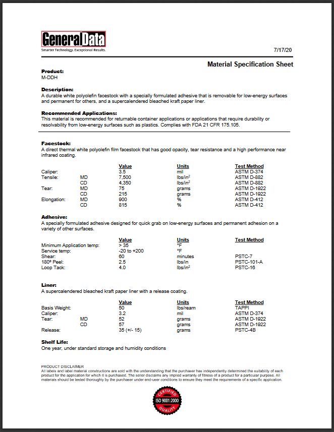 DDH Specification Sheet