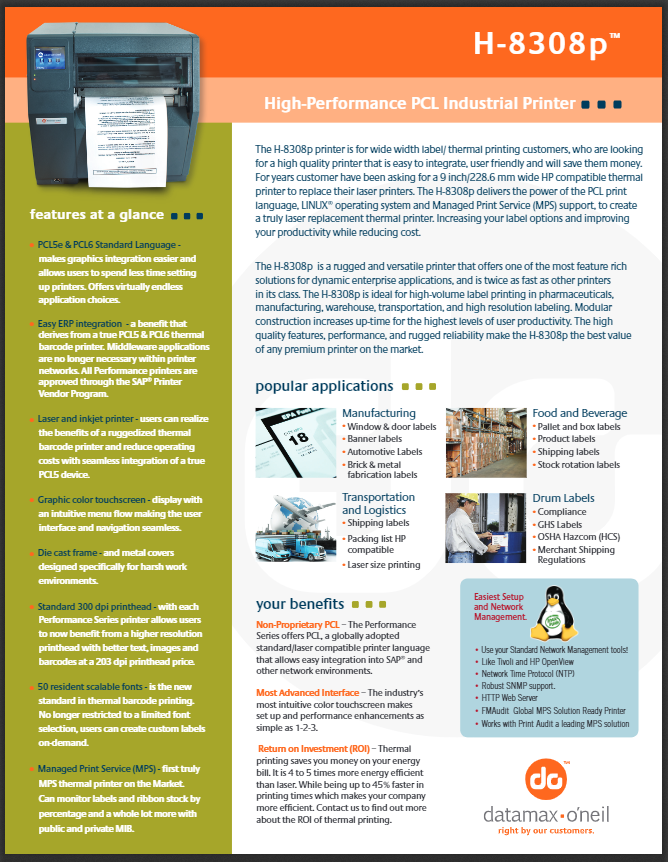 Datamax O'Neil H-8308p PCL Thermal Printer Product Brochure