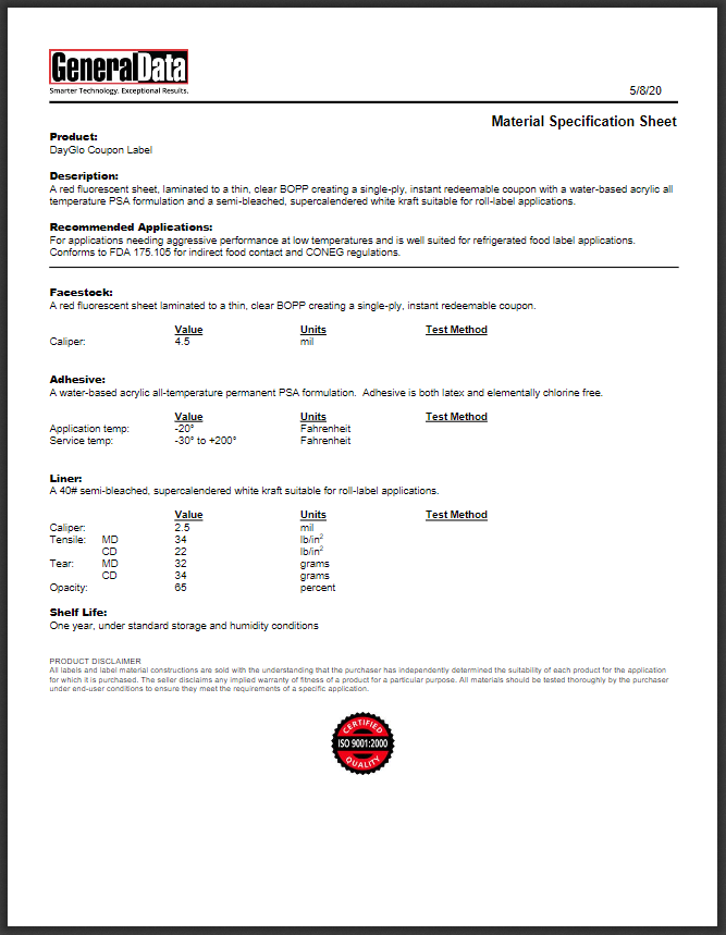 DayGlo Material Specification Sheet