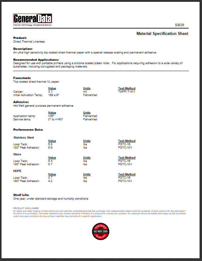 DT Linerless Material Specification Sheet 