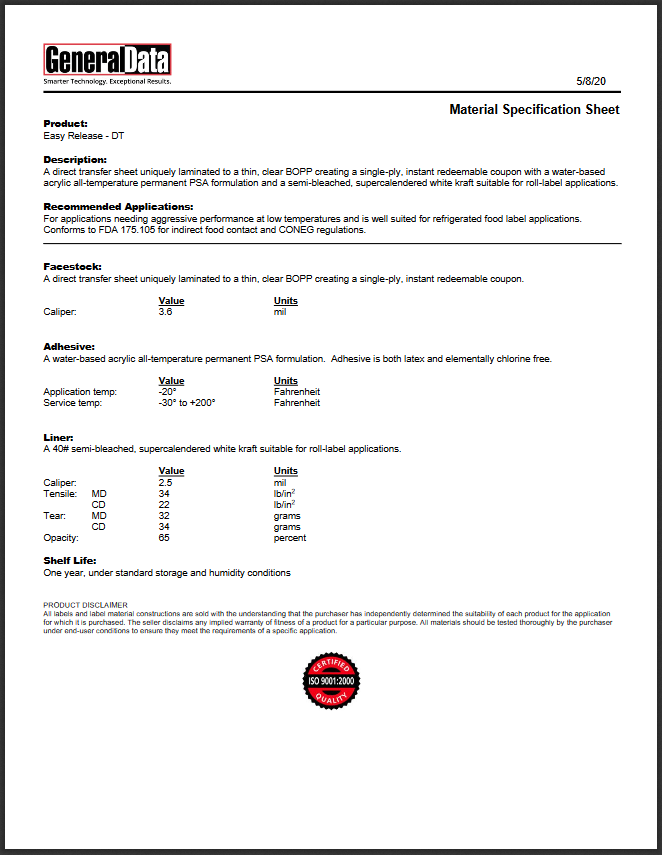 Easy Release- DT Material Specification Sheet