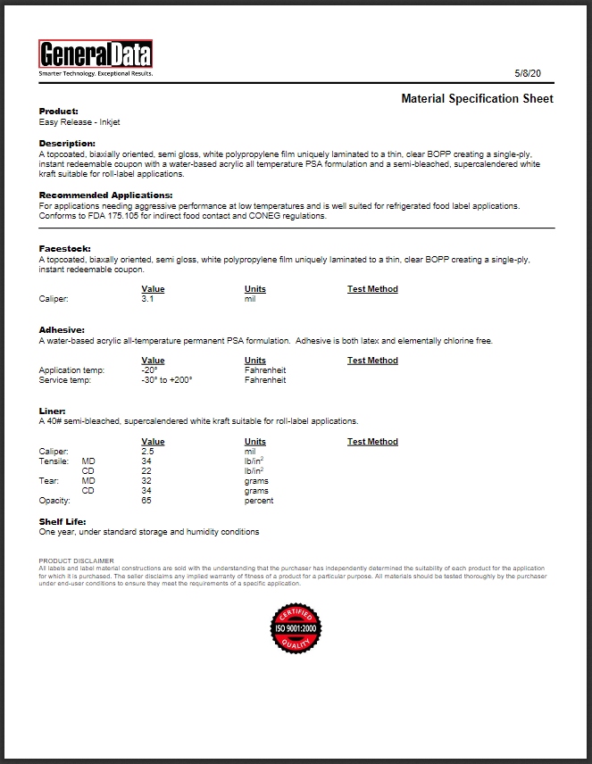 Easy Release- Inkjet Material Specification Sheet