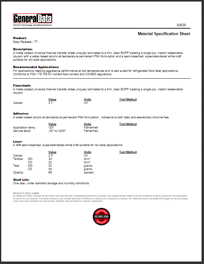 Easy Release- TT Material Specification Sheet