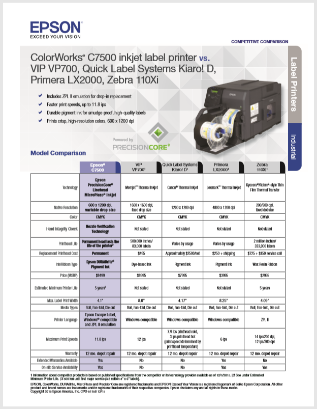 Epson ColorWorks C7500 Competitive Comparison Brochure