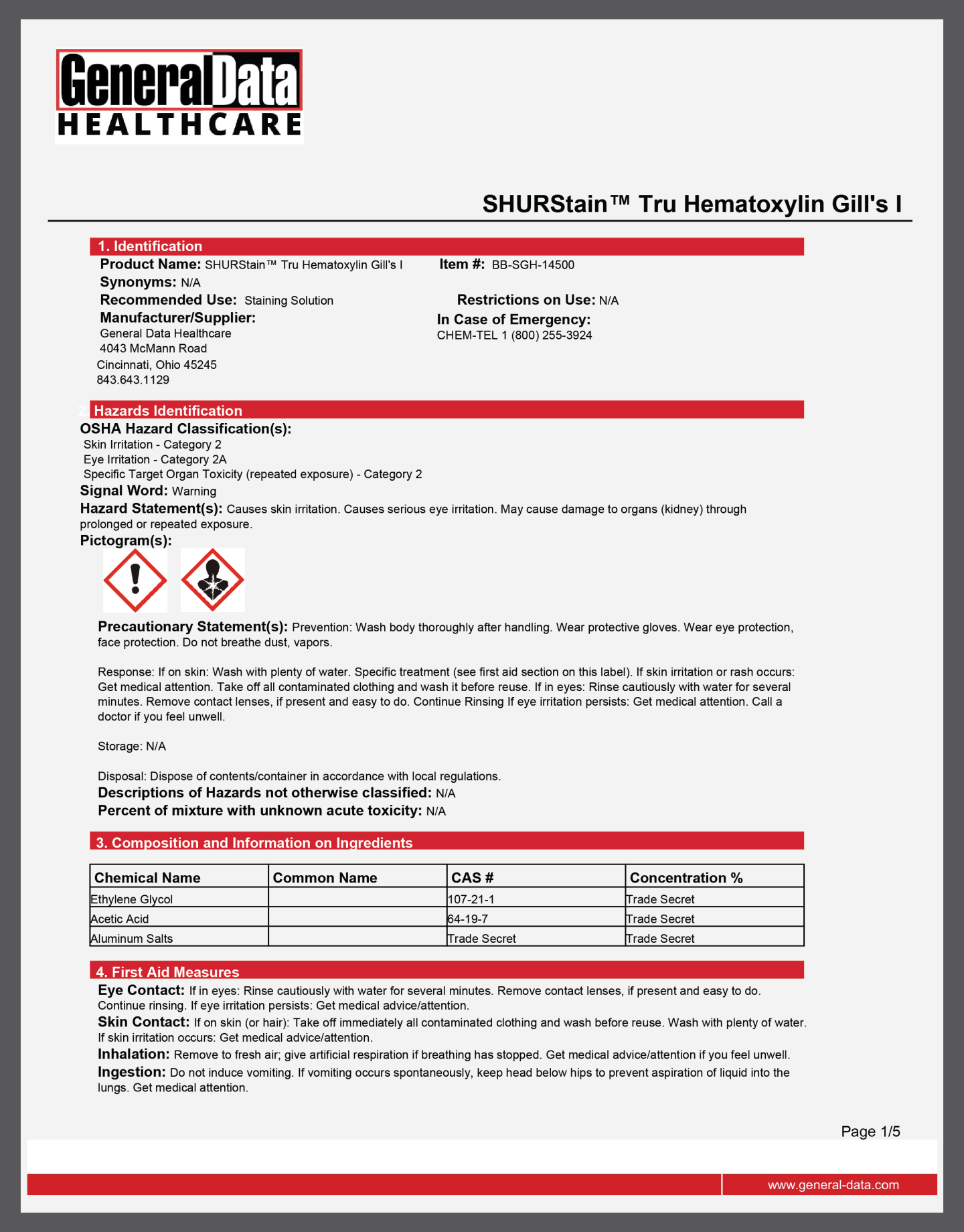 SHURStain Tru Hematoxylin Gill's I Safety Data Sheet