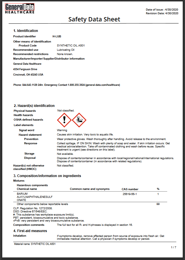 H-LUB Shurlube Lubricating Oil Safety Data Sheet