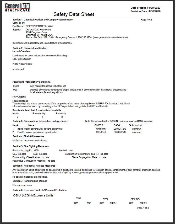 H-PF Polyfin Paraffin Wax Safety Data Sheet