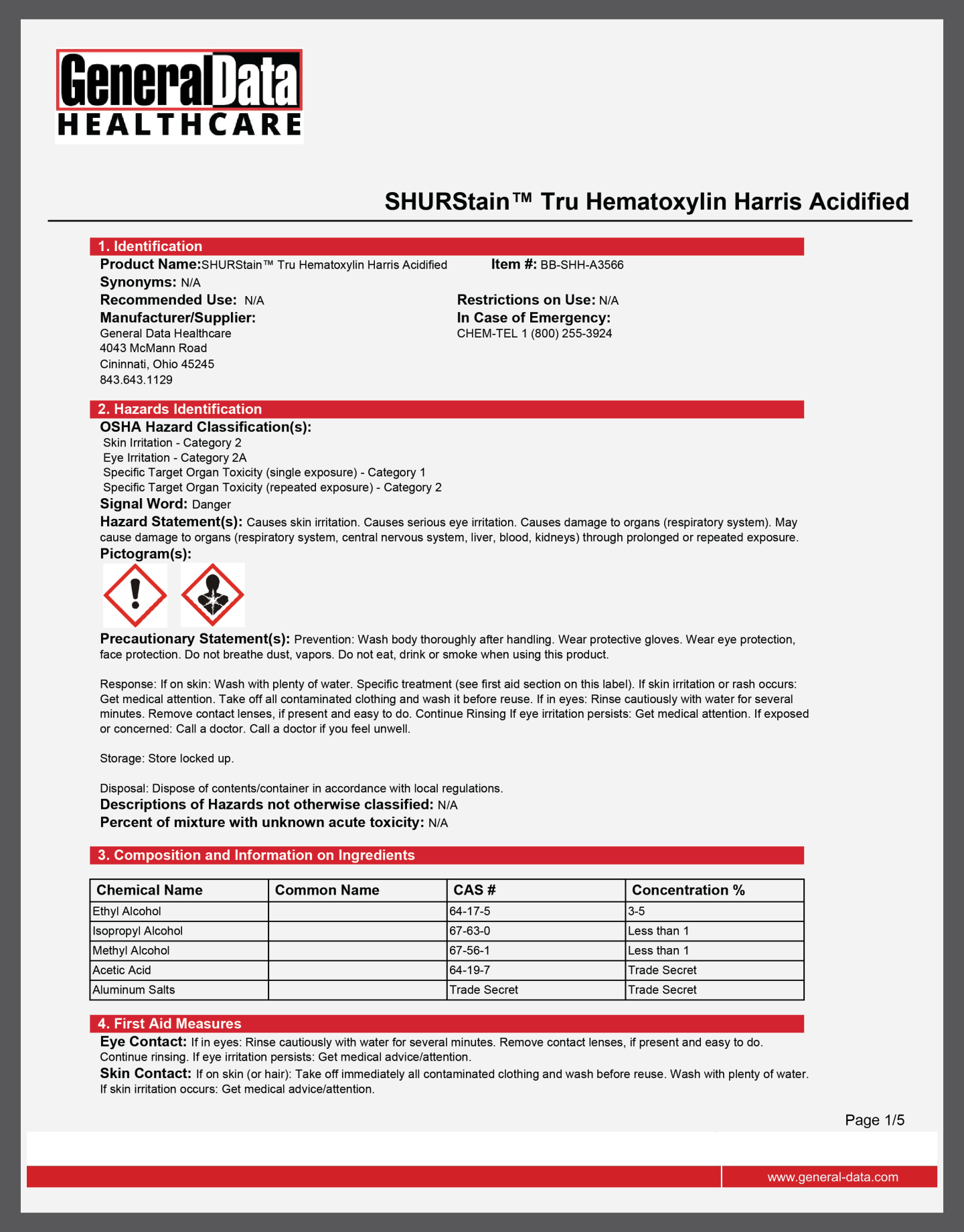 SHURStain Tru Hematoxylin Harris Acidified Safety Data Sheet 