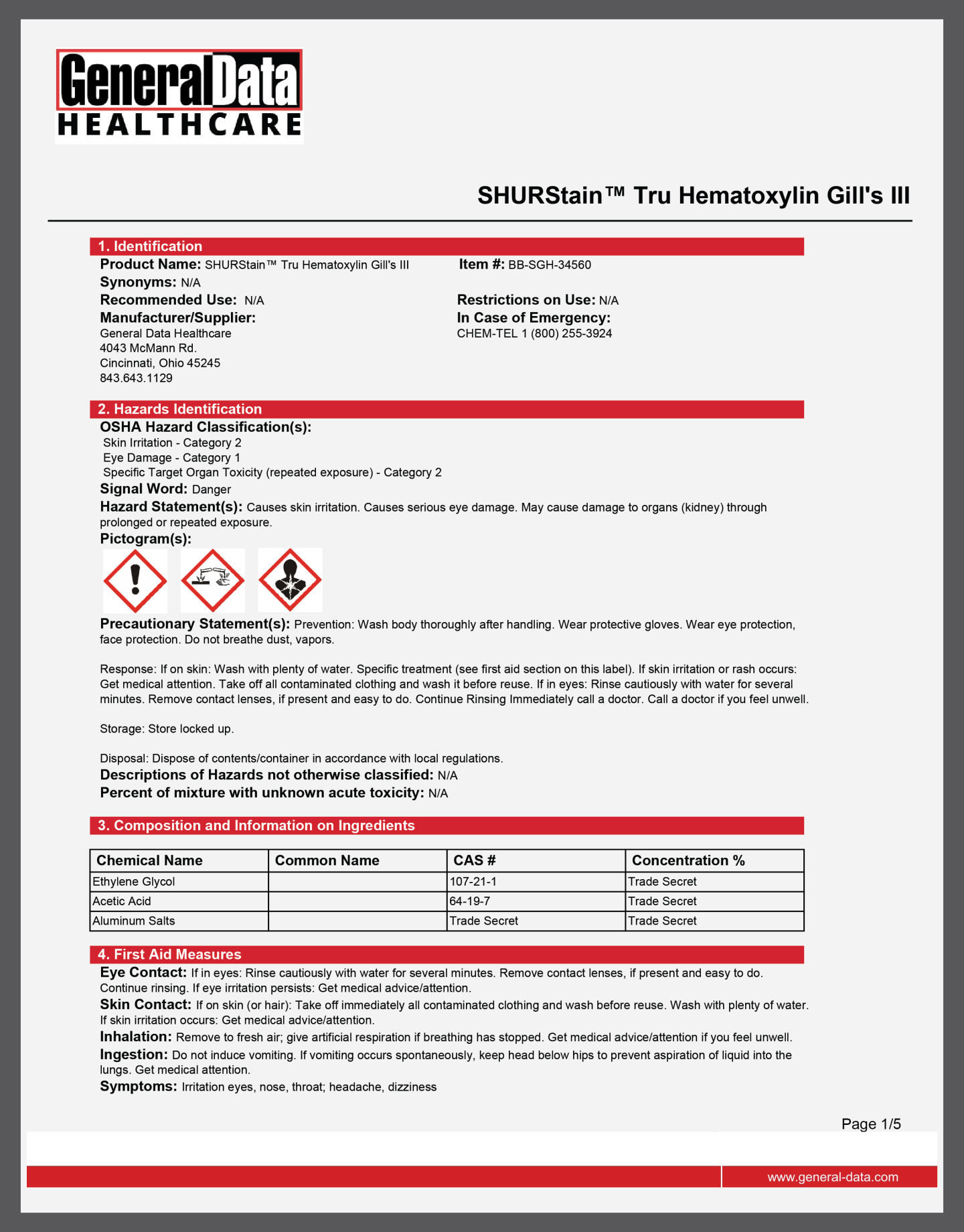 SHURStain Tru Hematoxylin Gill's III Safety Data Sheet