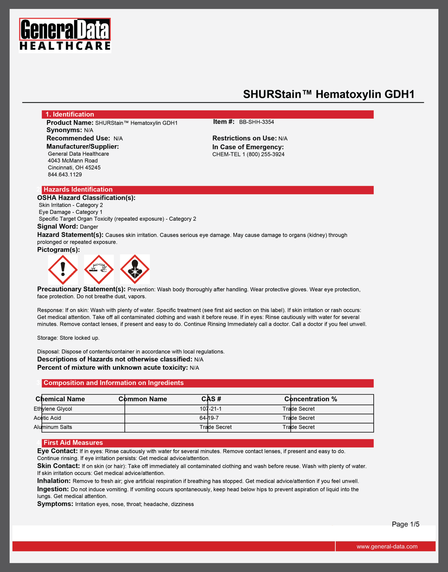 SHURStain Hematoxylin GDH1 Safety Data Sheet 