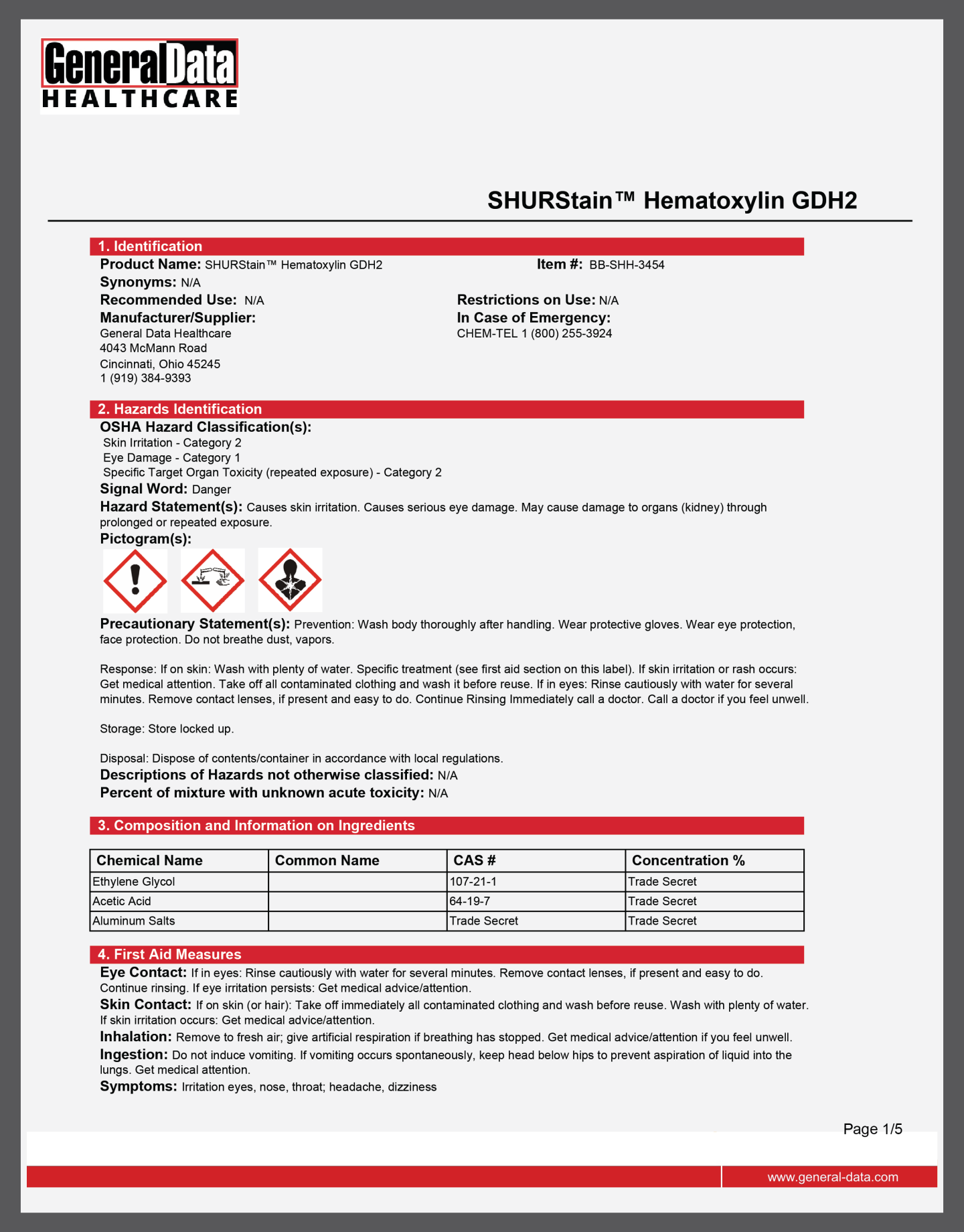 SHURStain Hematoxylin GDH2 Safety Data Sheet 