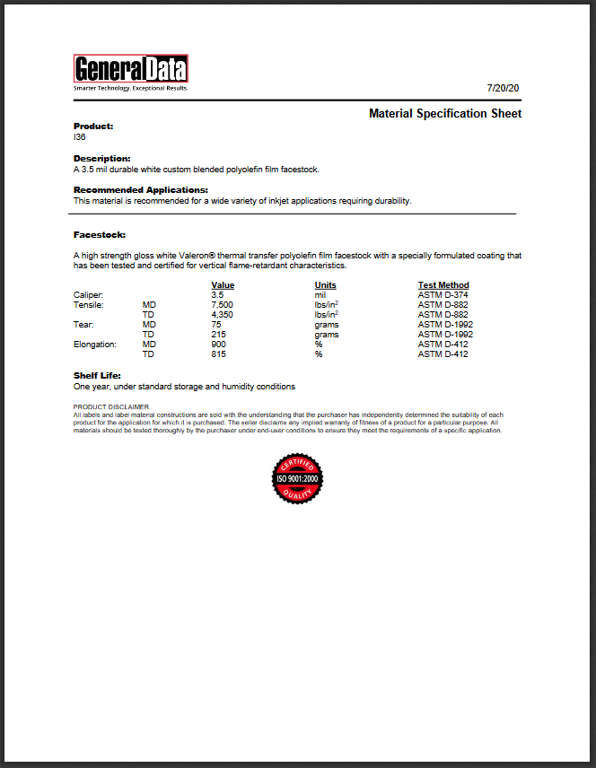 I36 Specification Sheet