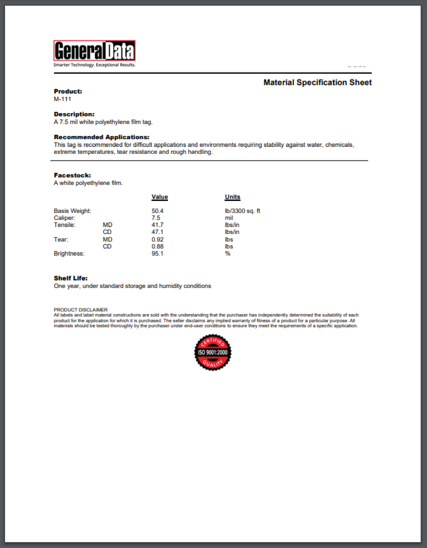 M-111 Material Specification Sheet